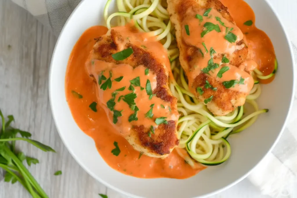 20-Minute Chicken Cutlets & Zucchini Noodles with creamy tomato sauce