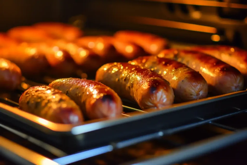 Italian sausages baking in an oven