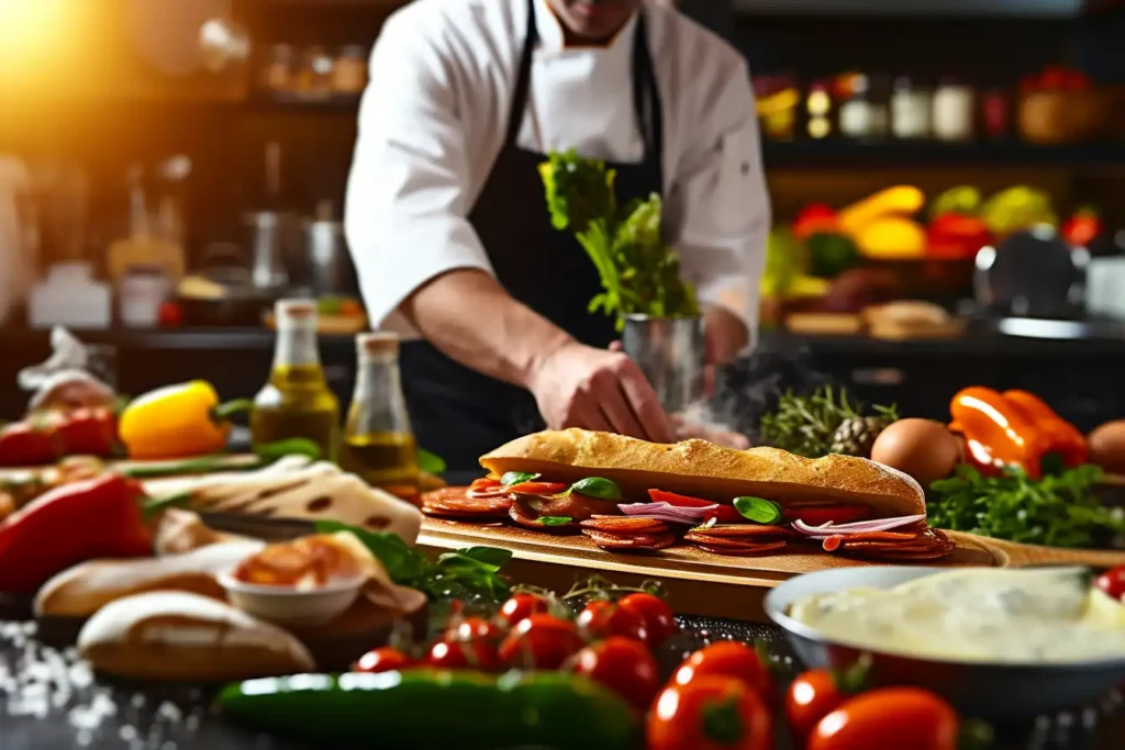 chef in a bustling kitchen preparing a Chopped Italian Sandwich