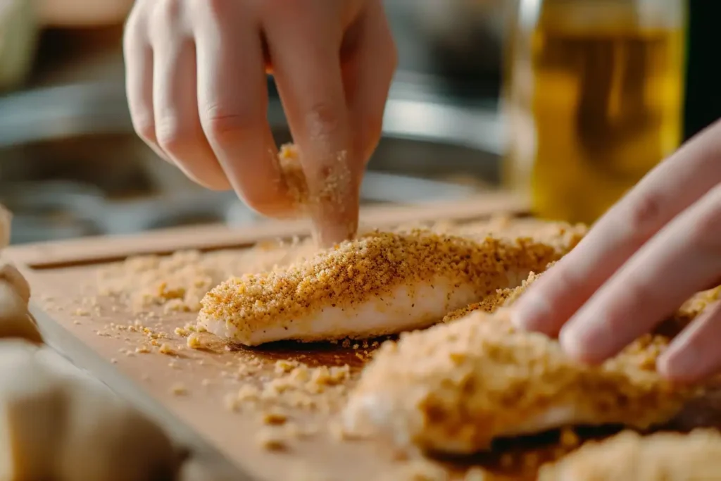 dipping a chicken cutlet into seasoned breadcrumbs