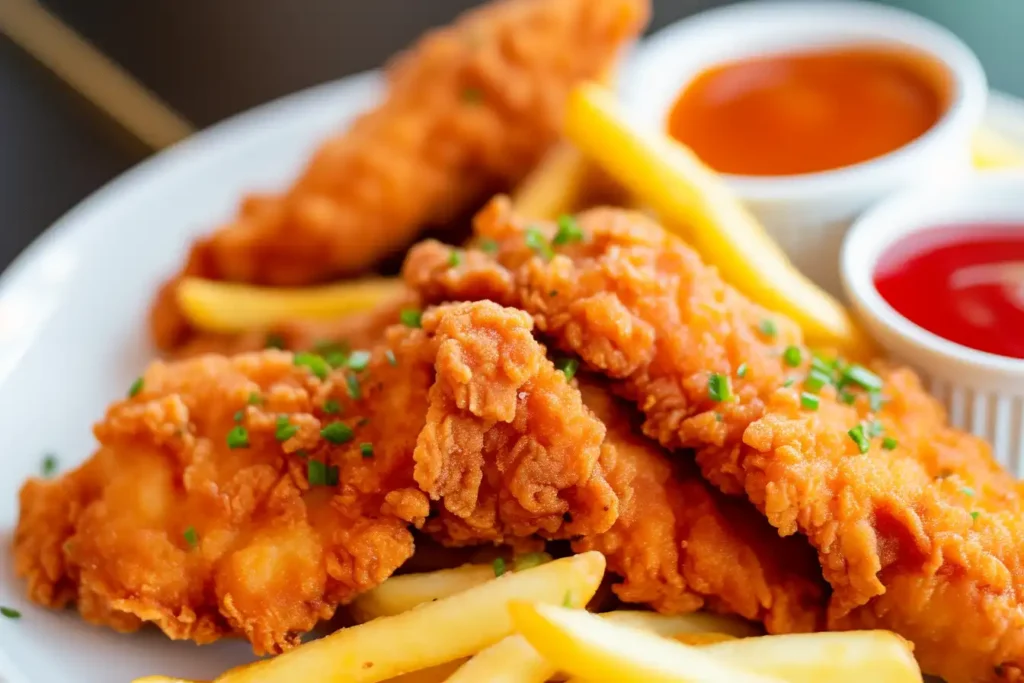 golden crispy chicken tenders paired with perfectly fried French fries