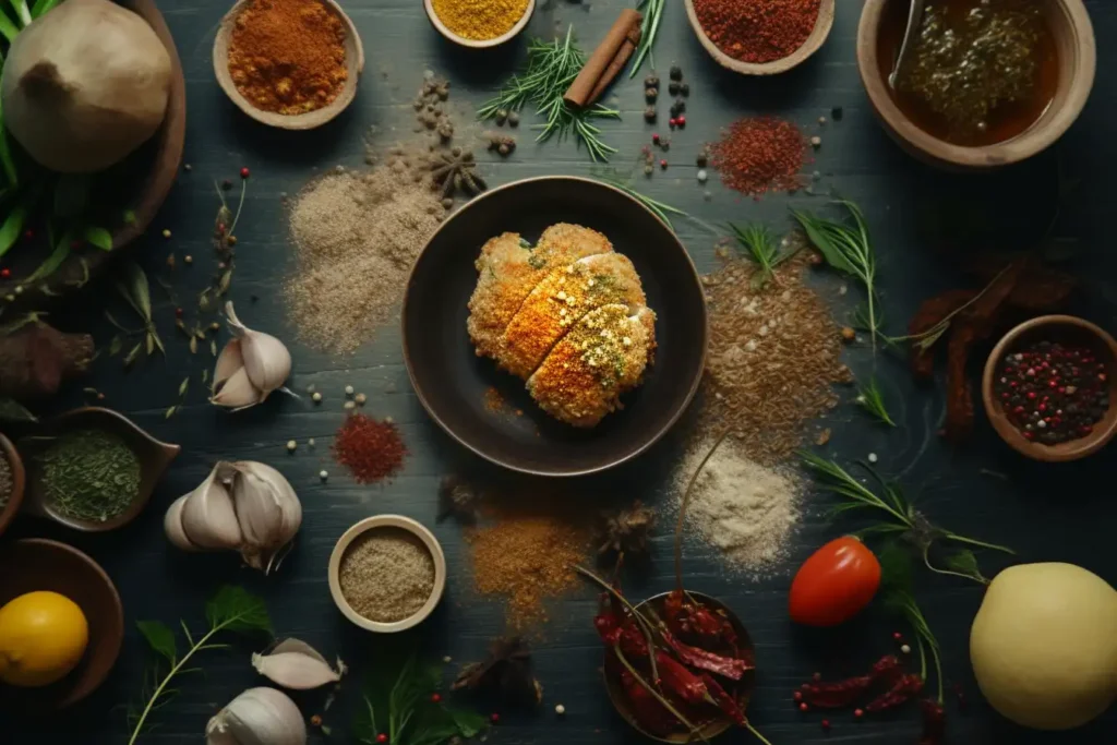international spices and herbs surrounding a chicken cutlet